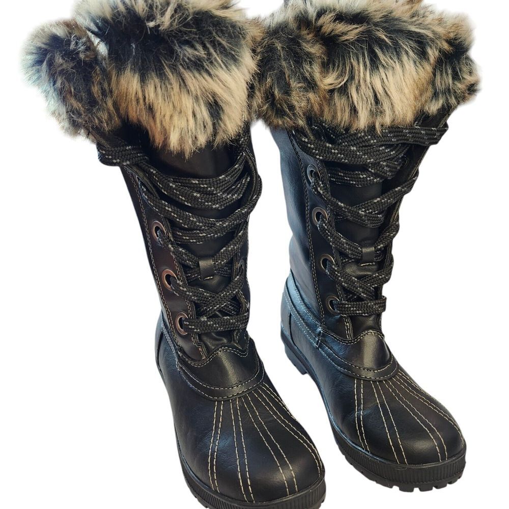 London Fog Melton 2 Womens Waterproof Faux Leather & Fur Lace-up Black Boot Sz 7